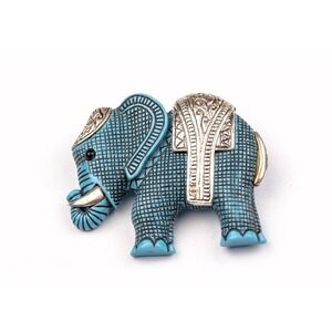 Vintage Turquoise Blue Elephant Brooch Silver Tone Filigree Ornate Animal Pin